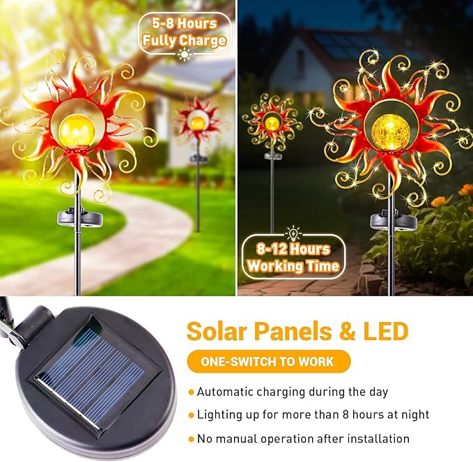 Solar Lights Outdoor Waterproof Red Sun Metal Crackle Glass Stake Decorative for Outside,Yard,Lawn,Patio,Walkway | Lumora