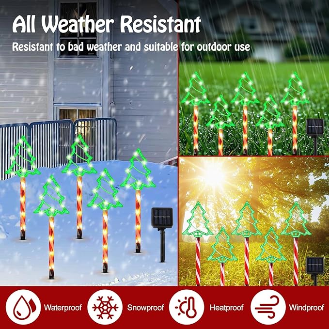 Lewondr Solar Christmas Pathway Lights, 5 PCS Solar Christmas Decorations Outdoor with 2 Lighting Modes, Green Xmas Tree Lights with Red Pole and Garden Stake, Waterproof Yard Lawn Patio Holiday Decor