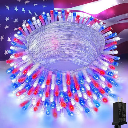 4th of July Decorations Red White and Blue Lights, 200 LED 66FT String Light Plug-in, 8 Modes 4th of July Lights for Indoor Outdoor Independence Day Memorial Day American Flag Patriotic Holiday Decor