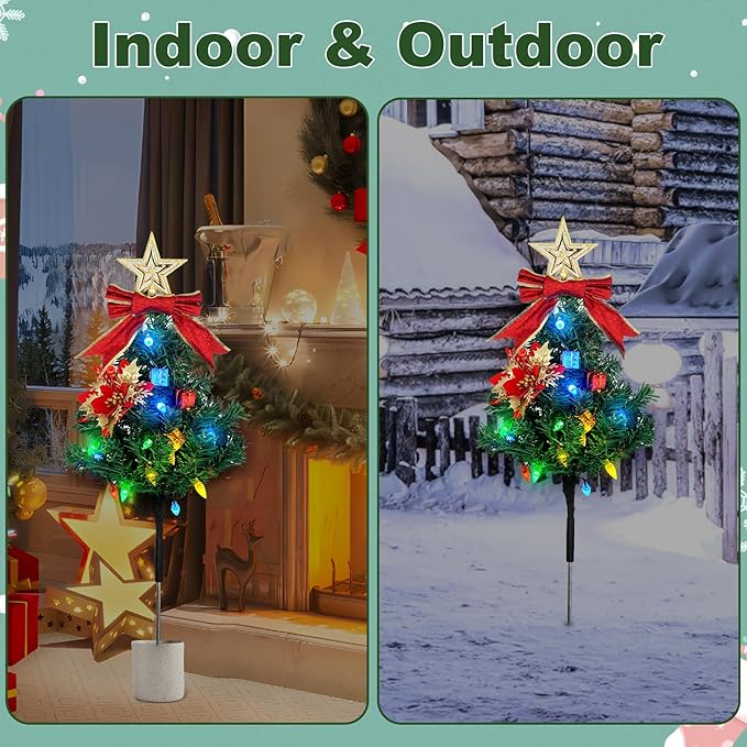Solar Christmas Tree Pathway Lights Outdoor, Set of 4 Solar Christmas Tree, 80 Outdoor LEDs Xmas Pathway Lights, Garden Decor DIY Xmas Tree Gift (Multicolor)
