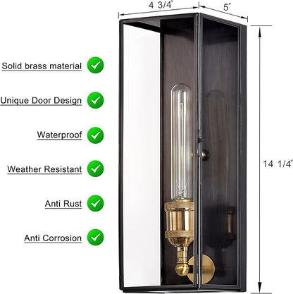 c cattleya Solid Brass Outdoor Wall Lantern Sconce Exterior Porch Lamp with Tempered Glass, Rectangular Waterproof Wall Lighting Outdoor Sconces for House Patio Yard Front Porch Garage