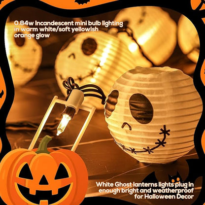 Halloween Ghost Jack Skellington Lantern String Lights, Halloween Lanterns String Lights of 10 Pack Festive White Ghost Jack Face for Spooky Outdoor & Indoor Displays Decorations