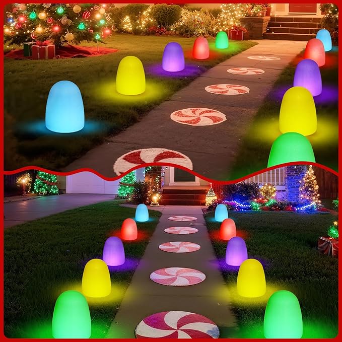 12 Pcs 6'' Gumdrop Christmas Pathway Solar Lights Waterproof 6 in 1 LED Gumdrop Solar Stake Light with 5 Colors for | Lumora