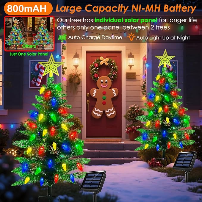 2-Pack 3.6FT Solar Christmas Tree Outdoor Christmas Decorations, 8 Modes Solar Xmas Tree Lights with 100 LED, Waterproof Solar Christmas Lights for Yard Front Porch Pathway Grave Cemetery Decor