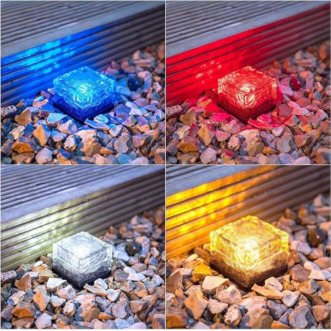 4 Pack Solar Path Ice Cube Lights Outdoor, Waterproof Glass LED Glass Clear Brick in-Groud Buried Festive Light Night Lamp for Garden Courtyard Pathway Patio Pool Pond Decoration(RGB)