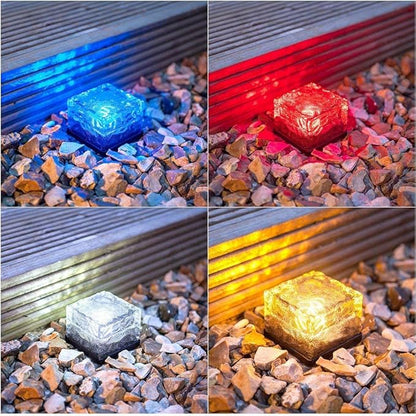 4 Pack Solar Path Ice Cube Lights Outdoor, Waterproof Glass LED Glass Clear Brick in-Groud Buried Festive Light Night Lamp for Garden Courtyard Pathway Patio Pool Pond Decoration(RGB)