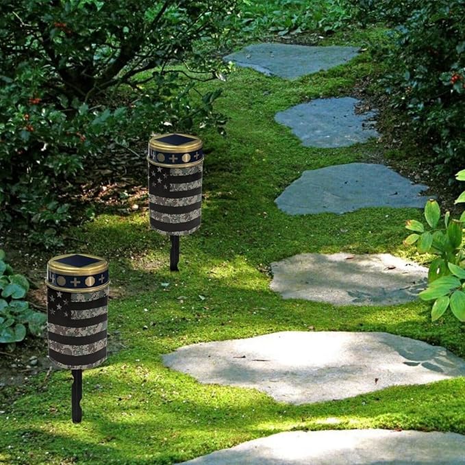 American Flag Cemetery Solar Light Solar Decorative Lights Stakes Solar Light Outdoor Waterproof Solar Lights for Pathway Garden Yard Night Light Book Light Easy Install Black