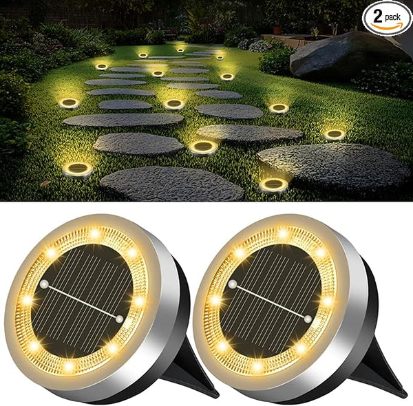 Mini Solar Ground Lights 2 Pack Outdoor IP65 Waterproof Solar Flat Garden Light Solor Powered Disc Pathway Lights | Lumora