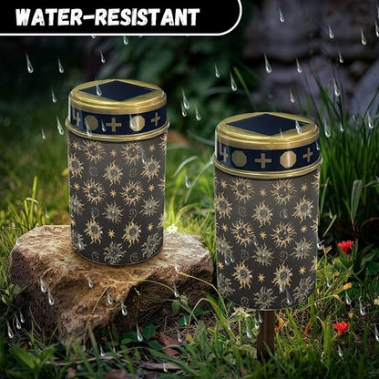 Vintage Sun Print Solar Pathway Lights Outdoor, Solar Lights Outdoor Waterproof, Led Solar Garden Lights, Auto On/Off Solar Lights for Outside Yard Walkway Driveway