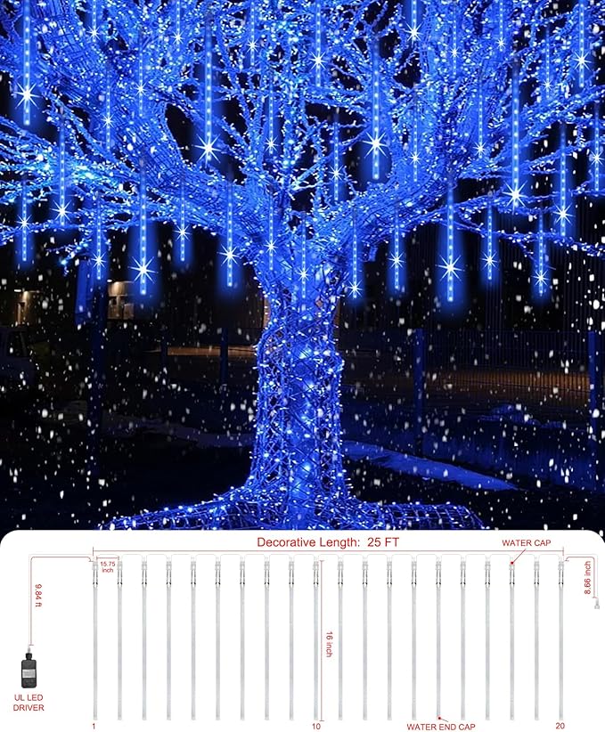 Christmas Lights Outdoor, 20 Inch 20 Tubes 1080 LED Blue Meteor Shower Lights, Cascading Snow Falling Icicle for Xmas Tree Yard Halloween Wedding Party Decor