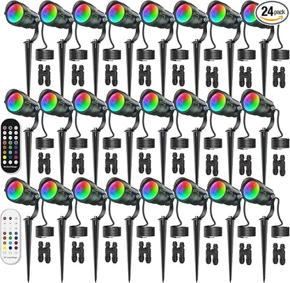 HIBOITEC RGBW Low Voltage Landscape Lighting 12W with Remote Connectors Spotlights Landscape Lights 12-24V AC/DC Waterproof for House Yard Trees Outdoor Christmas 24Pack(Transformers NOT Included)