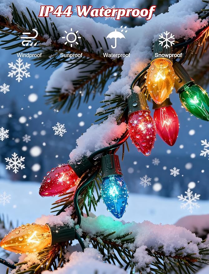 25 FT C9 Clear Multicolor Christmas String Light Outddor,Vintage Christmas Lights with 26 Edison Bulbs(1 Spare), C9/ E17 Base,Multicolor Lights for Xmas Tree Party Backyard Wedding Decor