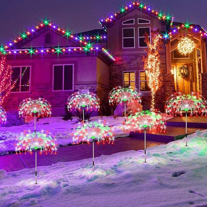 Enhon 4 Pack Plug in Christmas Pathway Firework Lights, 1440 LED Waterproof Xmas Garden Starburst Stake Lights with 8 Modes for Driveway Walkway Yard Lawn Patio Decorations(Red, Green, White)