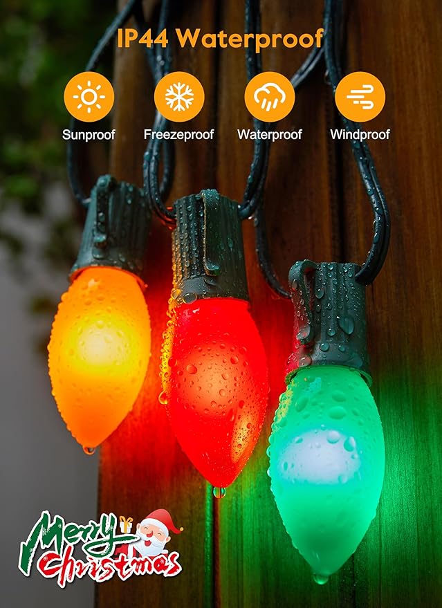 Vintage C9 LED Christmas Lights Outdoor, 50 Feet String with 25 Shatterproof Bulbs, Waterproof Connectable | Lumora