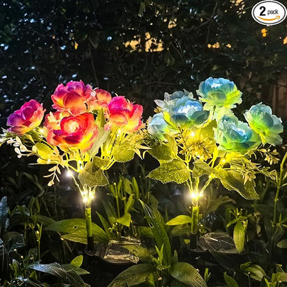 Solar Peony Flower Lights Outdoor, 2-Pack Blue & Purple 42-LED Solar Lights with Auto On/Off, Bendable Stems, Waterproof Decorative Garden Light for Yard, Patio, Pathway, Cemetery Gravesite