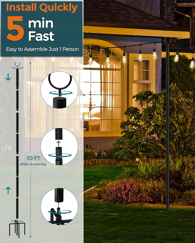LAND·VOI Metal String Light Poles for Outside Hanging - Backyard, Garden, Patio, 2 Pack Lighting Stand with | Lumora
