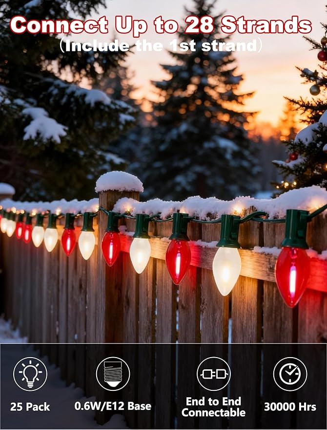 Red and White Christmas Lights Outdoor,25ft C7 LED Christmas Lights with 27 Transparent Red and Frosted White Bulbs,Connectable Vintage Light for Patio Xmas Garden Party Holiday Decor