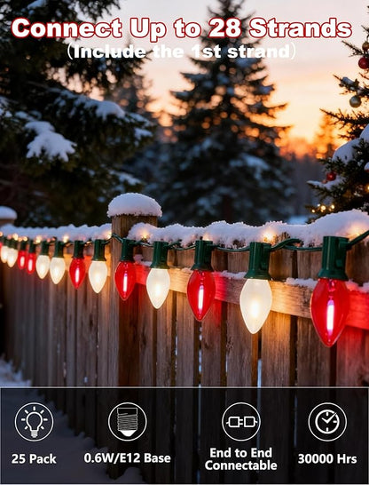 Red and White Christmas Lights Outdoor,25ft C7 LED Christmas Lights with 27 Transparent Red and Frosted White Bulbs,Connectable Vintage Light for Patio Xmas Garden Party Holiday Decor