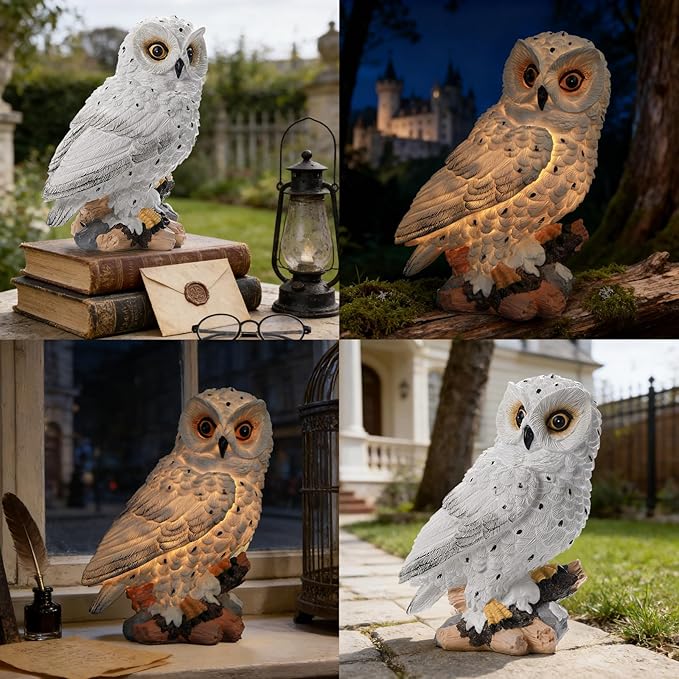 Solar Owl Garden Outdoor Statue,Owl Figurine Sculpture with LED Lights for Porch Patio Lawn Yard Deck Spring Decor - Ideal Easter Day Housewarming Christmas Gift for Women Men Owl Lover(White)