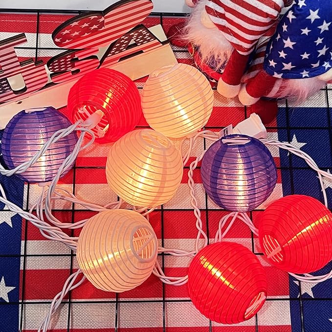 8.5FT Lantern String Lights, Red White and Blue Nylon Lanterns with 10 Mini Incandescent Bulbs, Plug in Connectable Outdoor Patio Lights for Independence Day President Memorial Day