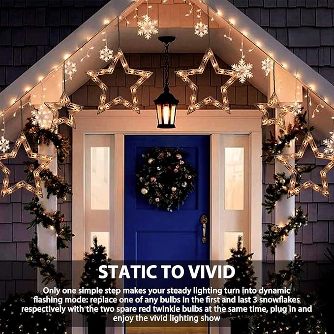 Minetom Christmas Star Icicle String Lights with 6 Drops - 9ft Star Window Lights with 100 Mini Bulbs, Plug-in Connectable Curtain Hanging Lights for Christmas Home Indoor Outdoor Party Holiday Decor