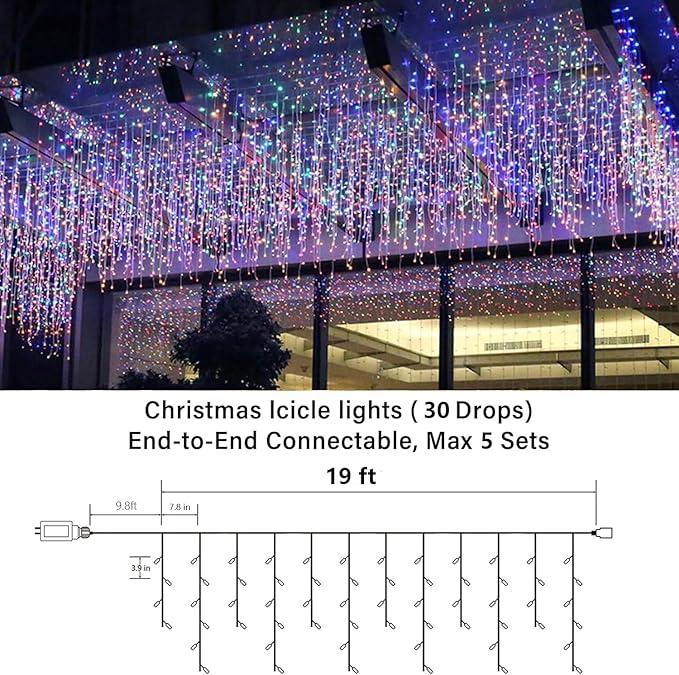 Joomer Christmas Icicle Lights - 19FT Outdoor String Lights Waterproof, 8 Modes Timer Connectable Plug-in String Light for Christmas Party, Eaves, Roofs, Xmas Decorations (Multicolor)