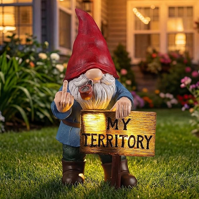 Lavezee Funny Garden Gnome, Middle Finger Gnomes Statue with Solar Lighted Sign – “My Territory” for Patio Backyard Porch Outdoor, Humorous Housewarming Birthday Gifts for Men Dad Husband