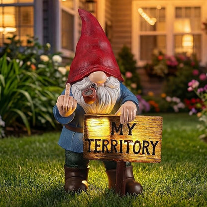 Lavezee Funny Garden Gnome, Middle Finger Gnomes Statue with Solar Lighted Sign – “My Territory” for Patio Backyard Porch Outdoor, Humorous Housewarming Birthday Gifts for Men Dad Husband