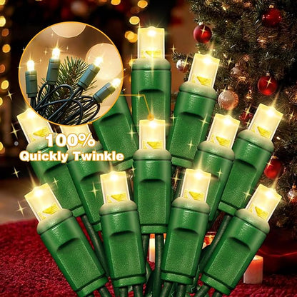 LAMPHOME 50Count String Lights, LED Christmas Lights, 6" SPACING,100% Quickly Twinkle,Green Wire,Warm White,Commercial Grade