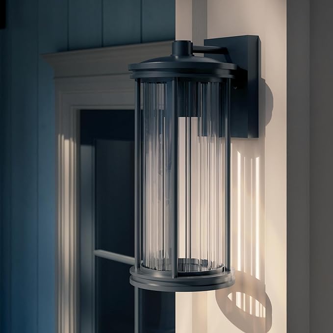 Kichler Barras 16" 1-Light Outdoor DarkSky Approved Wall Sconce with Clear Ribbed Glass in Black, Vertical Mount | Lumora