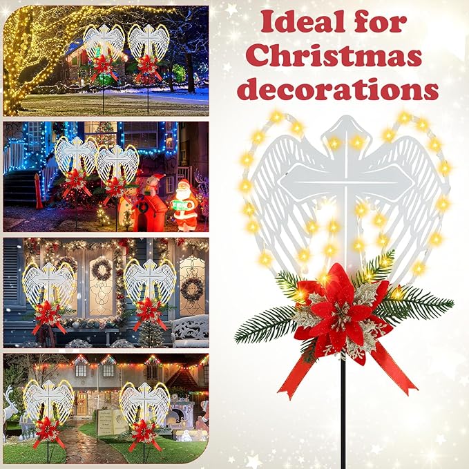Baquler 2 Pack Christmas Solar Cross Wings Stake Lights 32" Christmas Cemetery Grave Decorations with Poinsettia for Xmas Cemetery Memorial Outdoor Yard Pathway Garden Lawn Decorations