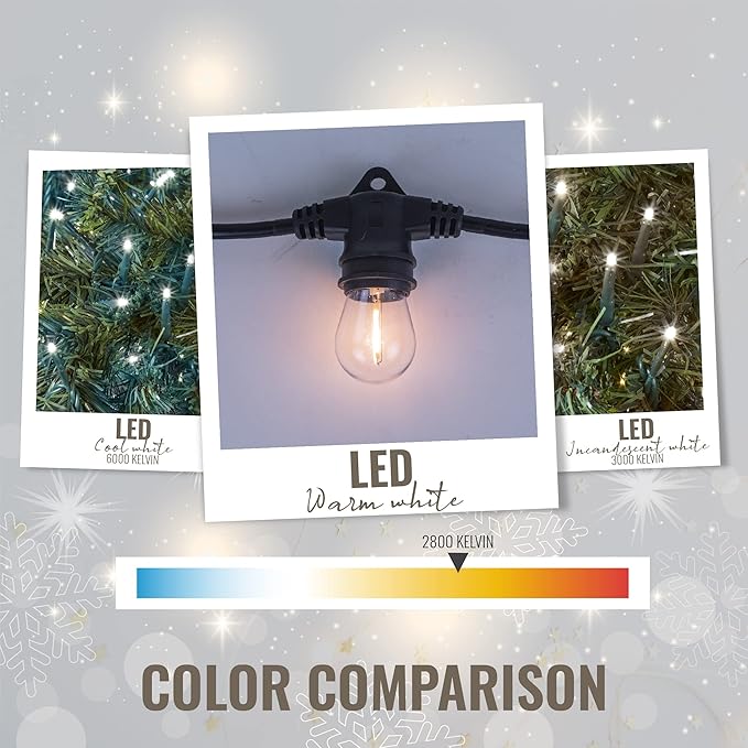 Aurio 48ft Waterproof Outdoor String Lights with Inline Vintage LED Edison Bulbs - Commercial Grade Patio Lights for Cafe Ambiance - 36 in Light Spacing