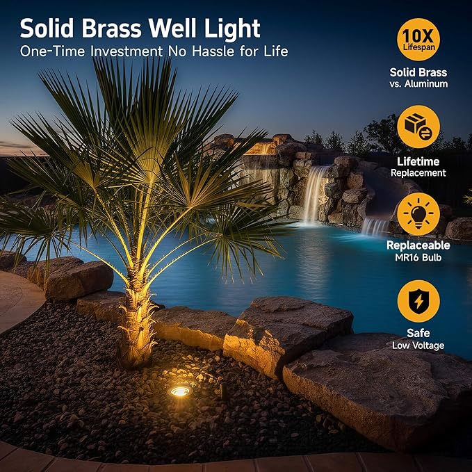 Gardenreet Landscape Low Voltage Well Light - Brass Electric in-Grade Lighting, 12V Wired Replaceable Bulb LED | Lumora