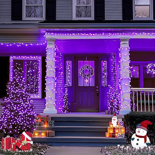 JMEXSUSS 4 Pack Purple Solar String Lights Outdoor Waterproof, 100 LED 33ft Purple Solar Fairy Lights, 8 Modes Copper Wire Christmas Light for Halloween Christmas Garden Yard Tree Decor
