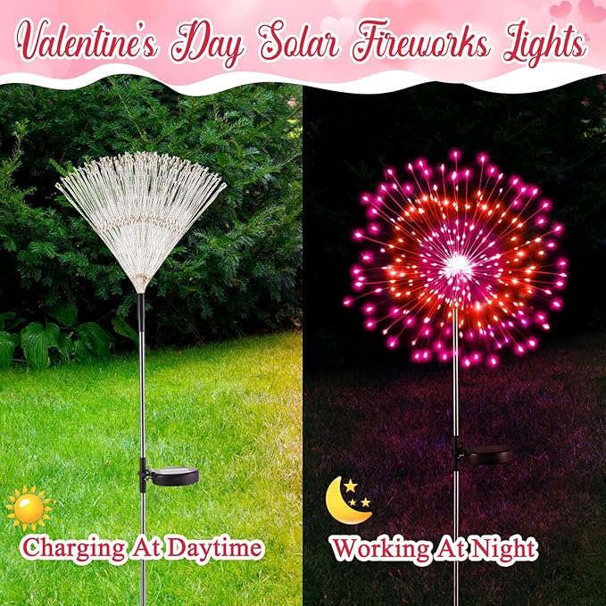 6 Pcs Valentine's Day Solar Firework Lights Solar Lights Outdoor Garden 120 LED 8 Modes Waterproof LED Sparkler Outdoor for Valentines Patio Yard Pathway Walkway (Valentine's Day Color)