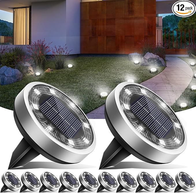 Solar Ground Lights,12 Pack Flat Solar Lights Outdoor Waterproof, Bright LED Solar Disc Lights, 6000K Cool White | Lumora