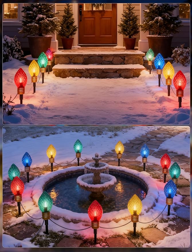 Jumbo C9 Christmas Pathway Lights Outdoor, 6.5Ft C9 Giant Christmas Walkway Lights with 4 LED Strawberry Multicolor Bulbs, Jumbo Yard Decoration Stakes Lights for Outside Lawn Garden Driveway Holiday