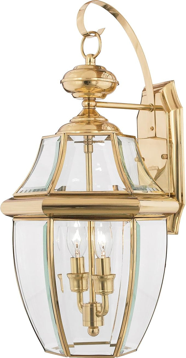 Quoizel Newbury Outdoor Wall Lantern, 20 Inch 2-Light Polished Brass Wall Sconce, French Country Exterior Wall | Lumora