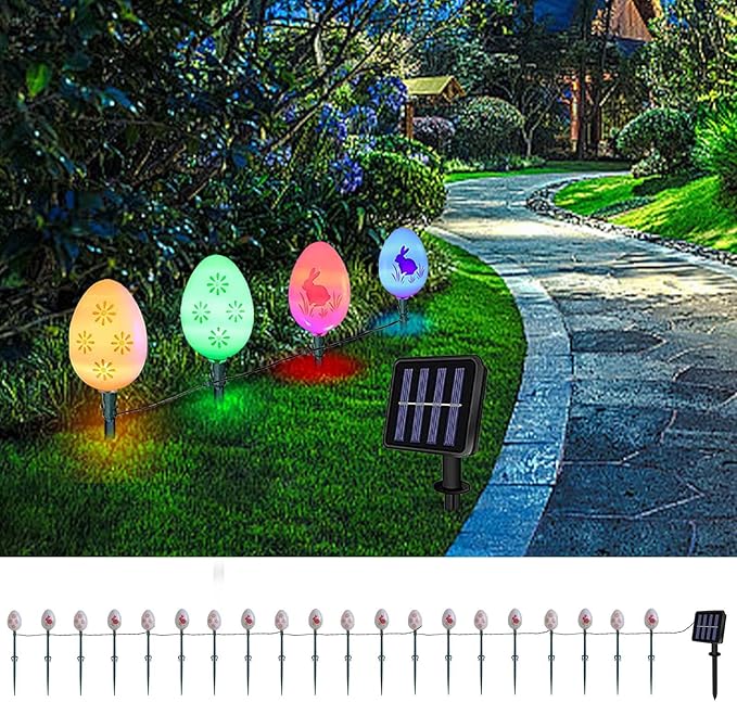 20 Pack Solar Eggs Stake Lights for Easter Decor, 3 Lighting Modes, Outdoor Waterproof Colorful Solar Light for Garden Pathway Light Cemetery Grave Porch Walkway Easter Theme Decorations