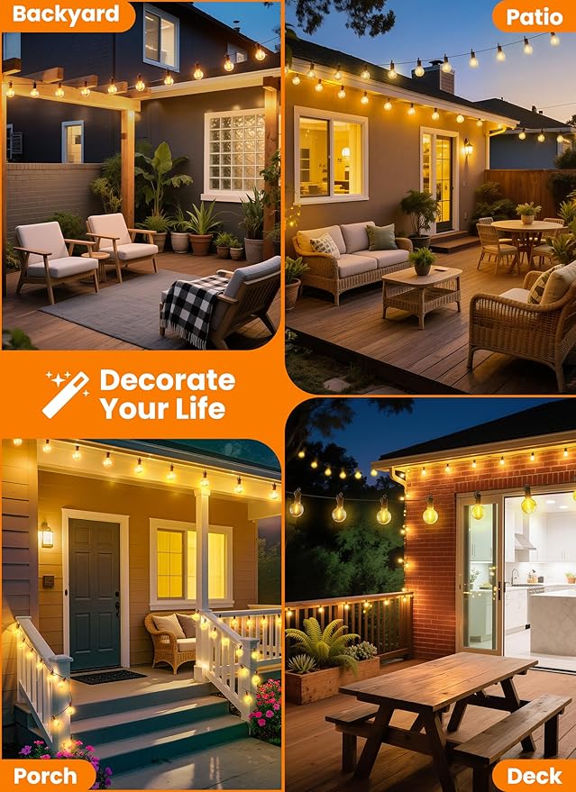 Outdoor String Patio Lights, 50FT 25 LED Patio Lights Waterproof, Connectable Shatterproof Hanging Outside String | Lumora