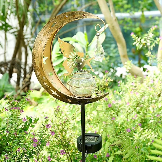 LOVERUIS Solar Garden Lights Outdoor Fairy Moon Lamp Waterproof Moon Garden Solar Light with Crackle Glass Ball LED Stake Lights Angel Decorative for Grave Balcony Lawn Patio Pathway (ARS-XIANNV)