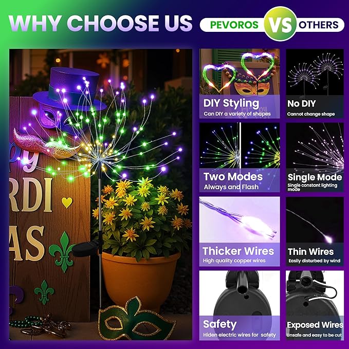 6 Pack Mardi Gras Solar Lights Outdoor, Solar Garden Lights Outside Fairy Firework Decorative,Solar Powered for Mardi Gras,Yard Pathway Party Balcony Patio Decor (Purple, Green, Yellow)