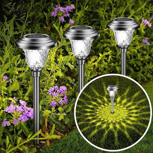 BEAU JARDIN 8 Pack Solar Pathway Lights White+ Color Changing Stainless Steel 3 Mode Outdoor Multicolor Metal Solar Powered Waterproof Glass for Garden Landscape Path Yard Walkway Driveway Silver