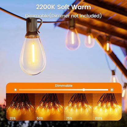 Outdoor String Lights, 50FT Patio Lights with 22 Shatterproof S11 Bulbs (2 Spares), IP65 Waterproof & Connectable, 2200K Warm White LED Hanging Lights for Cafe, Garden, Porch, Party Decor