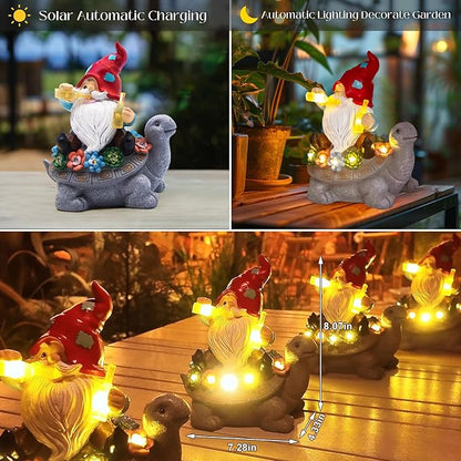 Gnome Garden Decor Statue with Solar Light Lantern, Turtle with Succulent Birthday Gifts for Women Mom Grandma, Funny Waterproof Resin Figurine Outdoor Decorations for Yard Patio Lawn Balcony Porch
