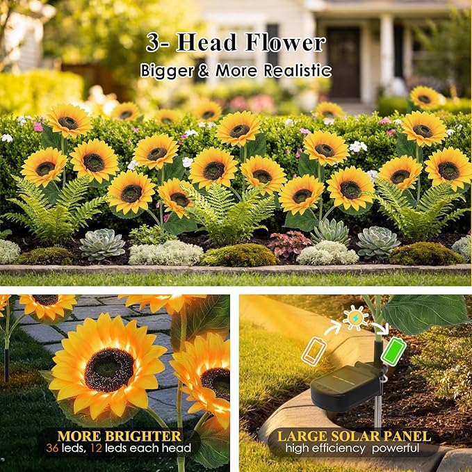 Solar Sunflower Lights Outdoor, 2 Pack Waterproof Artificial Flowers for Grave Decorations - Solar Powered Grave | Lumora