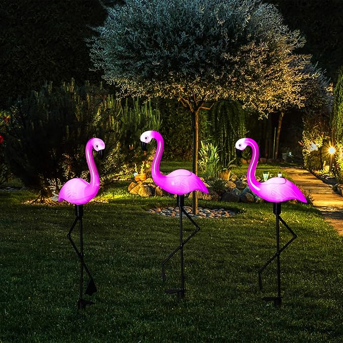 Mudder 3 Pieces Flamingo Solar Lights Outdoor, Pink Flamingo Solar Lights Outdoor Waterproof Lawn Garden Ornaments Yard Stake Garden Decor for Pathway, Patio, Lawn, Birthday