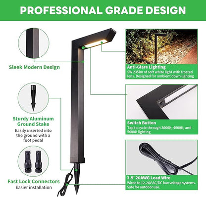 Landscape Path Lights, 3000K/4000K/5000K Selectable Pathway Lights, 12V Low Voltage Wired, LED Outdoor Waterproof, 5W 235LM L Shape Black Aluminum for Yard Walkway Driveway Garden