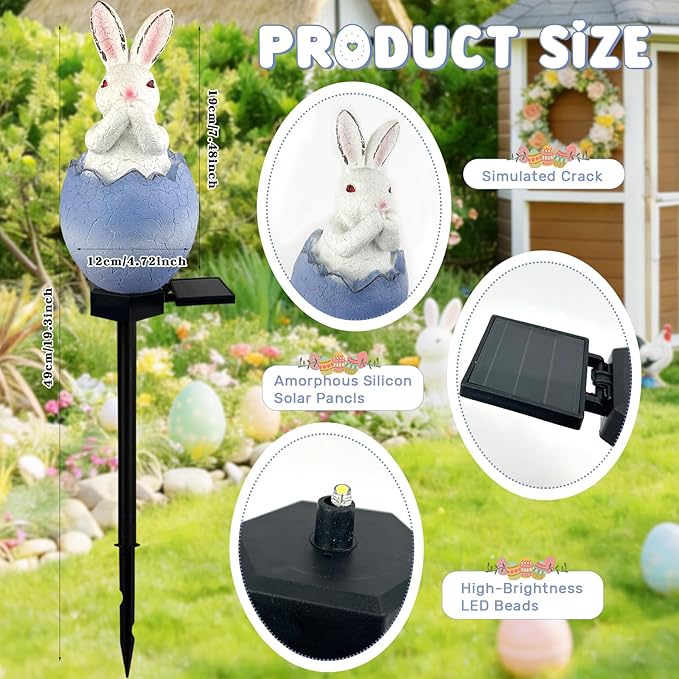 Solar Easter Egg Bunny Lights Outdoor, Waterproof Easter Solar Lights Rabbit Bunny Garden Statue Easters Yard Egg Decorations Outdoor for Outside Cemetery Grave (Blue Don't Speak)