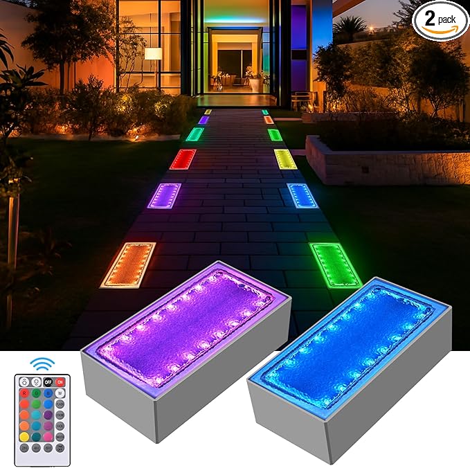 Solar Paver Color Changing Lights, 8x4 Solar Pavers Light Outdoor, Recessed Brick Pathway Lights, IP67 Waterproof Landscape Lighting for Ground,Walkway, Garden, Pool, Patio, Driveway,2 Pack (RGBW)